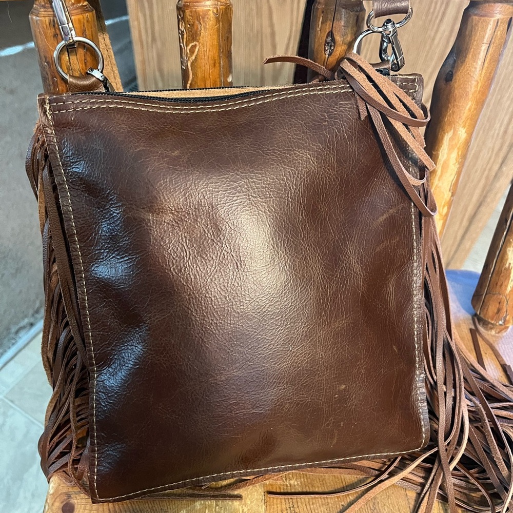 Brown and White Cowhide Fringe Bag - Picture 2 of 4